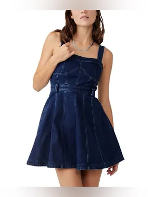 Free People Dark Indigo Denim Mini Dress Size L It has pockets on the sides. thumbnail 3
