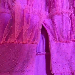 Lulus Dramatic Poise Magenta Pink Dot Tulle Puff Sleeve Tiered Mini Dress Size L thumbnail 11