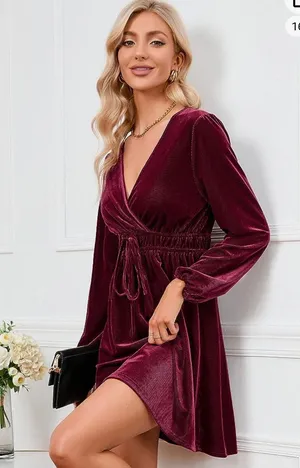 Women's Velvet Dress Wrap V Neck Pleated Waist Long Sleeve Casual Party Skater Dresses thumbnail 1