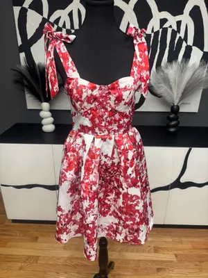 Source Unknown White Red Floral Mini Dress XS Tie Strap Sweetheart Summer Flowy Cute thumbnail 2