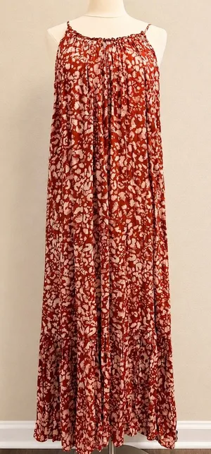 Anthropologie Low Back Flounced Maxi Lounge Dress‎ Size Large Rust Brown Floral thumbnail 1