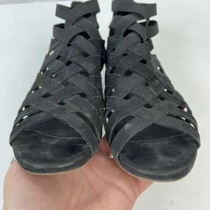 Eileen Fisher 6 Oodle Black Criss Cross Sandal Wedge Nubuck Leather Stacked Heel thumbnail 9
