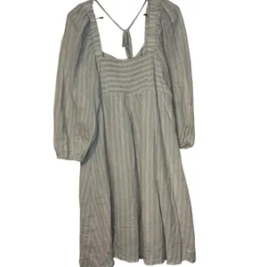 Mystree Womens Smocked Midi Dress Lined Striped Puff Sleeve Oatmeal Small NWT thumbnail 10