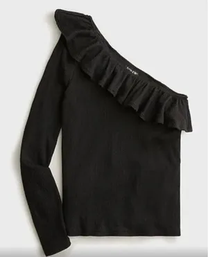 J.Crew Womens Ribbed Ruffled Neck One Shoulder Top Blouse Black‎ Size Medium NWT thumbnail 1