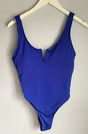 Blue Ribbed Low Back One Piece Swim Suit Bathing Suit‎ EUC Thong Minimalist Med thumbnail 1