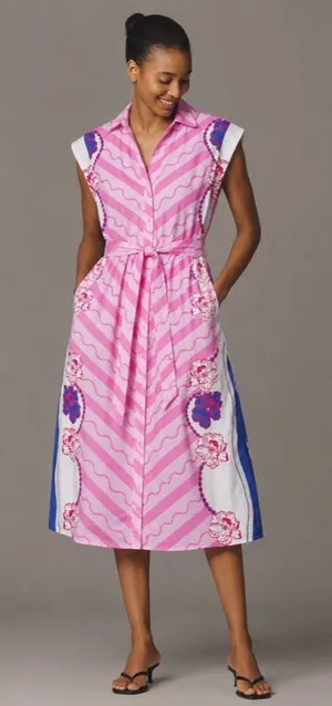 Celina‎ Moon Pink Floral Belted Poplin Sleeveless Midi Dress Womens Size XS thumbnail 1