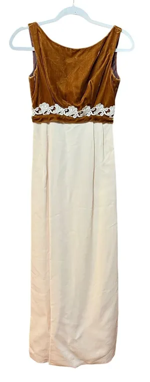 Vintage 60s Bronze Velvet‎ Lace Trim Empire Waist Maxi Dress Cream Column thumbnail 1