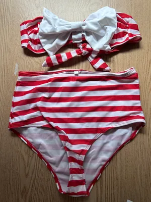 B45 New Womens AMI 2Pc Red White Striped Bikini Set High Waisted Small Waist 24" thumbnail 1