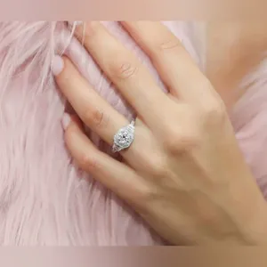 Sterling Silver Round Cubic Zirconia Halo Art Deco Ring (5) thumbnail 2