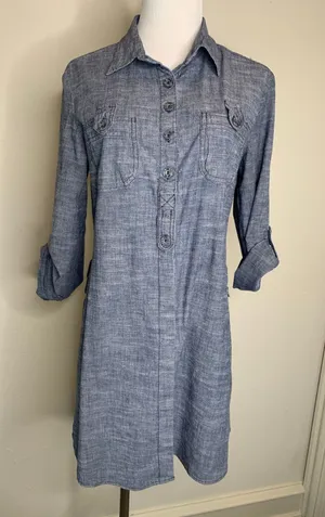 fei Chambray Denim Shirt Long Tunic Sz Large Preppy Casual Western thumbnail 1