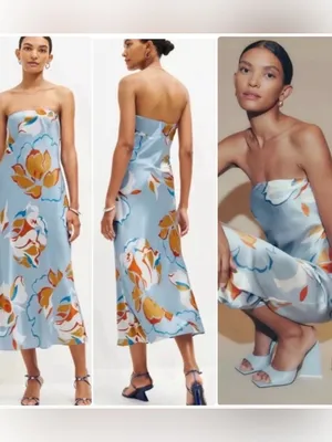 Reformation Strapless Floral Midi Dress in Light Blue and Mustard thumbnail 2