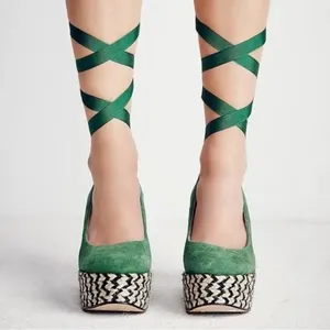 Free People Suede Lace Up Charade Espadrille Wedge Heels Green Size 36 US 5.5 thumbnail 5