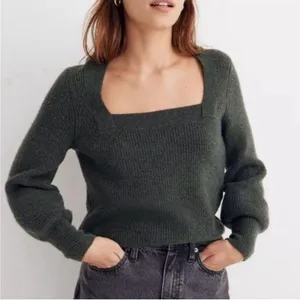 Madewell melwood Forest green ribbed knit square neck sweater Wool blend boxy S thumbnail 1