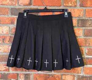 Womens pleated gothic white embroidered crosses mini skirt black XL thumbnail 1