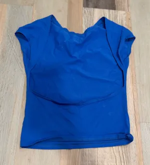 Open Back Cap Sleeve Top Small Blue Draped Cutout Scoop Neck Casual Tee thumbnail 1