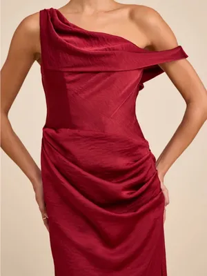 Lulu's One-Shoulder Burgundy Satin Evening Dress thumbnail 2