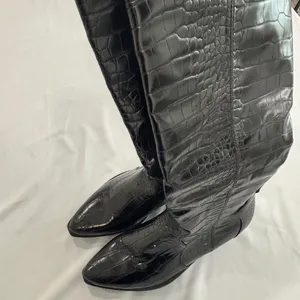 Black Croc Embossed‎ Tall Western Cowboy Boots Pointed Toe Block Heel Size 8 thumbnail 5