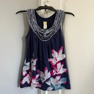 Anthropologie XS Navy Floral Tank Top Boho Beaded Scoop Neck Embellished Blouse thumbnail 8