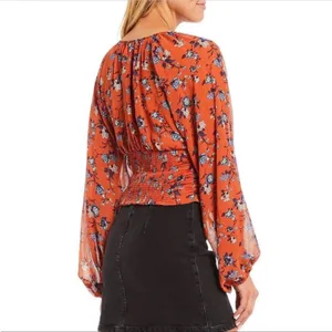 Free People Final Rose Blouse Rust Orange Floral Ruched Sweetheart Top Large thumbnail 7