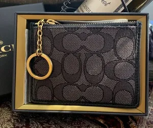 Authentic COACH 1941 leather/signature jacquard zip top card case/Keychain/ID thumbnail 1