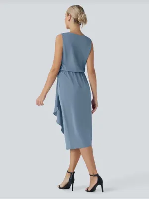HALARA Sleeveless Draped Midi Dress in Dusty Blue thumbnail 2
