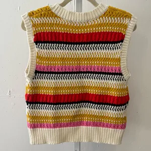 Boutique Deluc Multicolor Striped Knit Top Tank Sweater‎ White Red Medium thumbnail 2