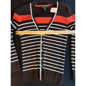 Lauren Ralph Lauren Brown Striped Ribbed V-Neck Cardigan Sweater Orange White M thumbnail 5