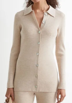 & Other Stories Wool Blend Long Fitted Ribbed Knit Collar Cardigan Beige XS thumbnail 1