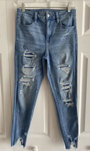 American Eagle Next Level Stretch Skinny Jeans Womens 8 Short Blue Distressed L8 thumbnail 1