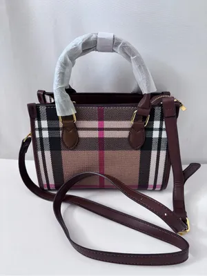 Classic Check Canvas Mini Tote Bag - Pink Stripe Brown Leather Crossbody thumbnail 1