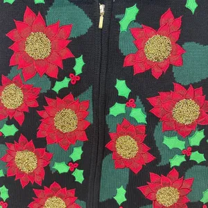 Bechamel Christmas Sweater Vest Large Black Poinsettia Holly Zip Up Knit thumbnail 2