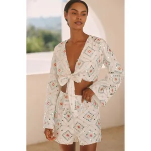 Anthropologie BLITHE Mirror Geo‎ Long Sleeve Tie Front Top & Shorts Set New S thumbnail 7