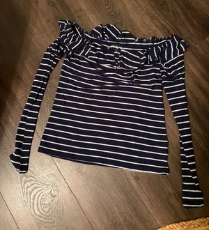 aerie Navy and White Striped Off-Shoulder Long Sleeve Top thumbnail 1
