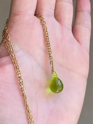 Handmade olive teardrop Czech glass simple minimalist gold chain necklace💚 thumbnail 5