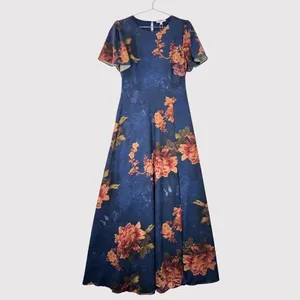 NWT Baltic Born Maxi Dress Blue Colina Satin Floral Flutter Side Slit Medium thumbnail 2