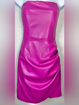 eesome Strapless Faux Leather Mini Dress in Fuchsia Pink Size Medium thumbnail 3
