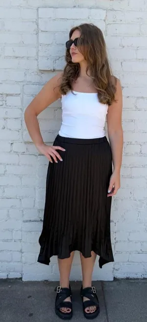 Black pleated accordion satin midi skirt with ruffle hem sz s #classy #goingout #church thumbnail 1