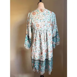 Boho Floral Mini Dress Blue Teal Babydoll Tie Neck Med cottage resort bohemian y thumbnail 3