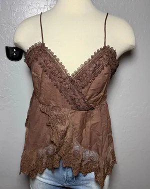 Abercrombie and Fitch Babydoll Lace-Trim Cami, Brown, L thumbnail 1