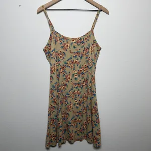 VTG 90s y2k No Boundaries Women Indie Grunge Mini‎ Skater Dress Large Tan Floral thumbnail 8