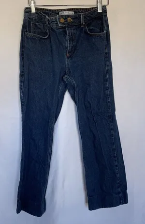 Zara medium wash‎ denim jeans straight leg women's size 6 pockets double buttons thumbnail 1