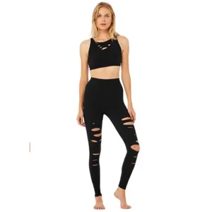 Alo Yoga Warrior High Rise Waist Edgy Goth Black Ripped Slashes Leggings S thumbnail 3