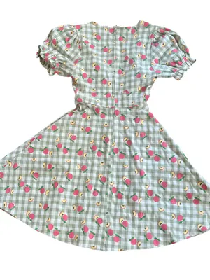 Unique Vintage Puff-Sleeve Fit & Flare Dress in Light Green with peaches thumbnail 9