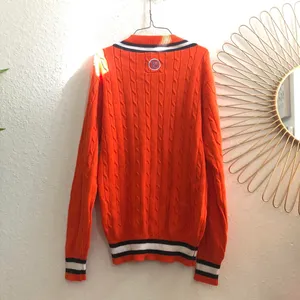 Oklahoma State University OSU Preppy Cable Knit Chunky V-Neck Sweater Collegiate Long Sleeve Orange White Sz L Measurement in pics thumbnail 3