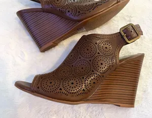 Jasmin Brown Faux Leather Cut Out Ankle Strap Wedges Size 6 thumbnail 2
