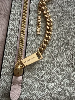 Michael Kors Beige Signature MK Crossbody with Pink Trim and Gold Chain thumbnail 4