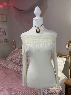 Y2K Off-Shoulder Fringe Knit Sweater - Ivory thumbnail 5