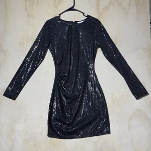 H&M Women's Medium Black Sequin Mini Dress Long Sleeve Ruched Bodycon Party NWT thumbnail 1