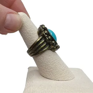 Faux Turquoise Oval Cabochon Antique Gold Tone Cocktail Ring thumbnail 2