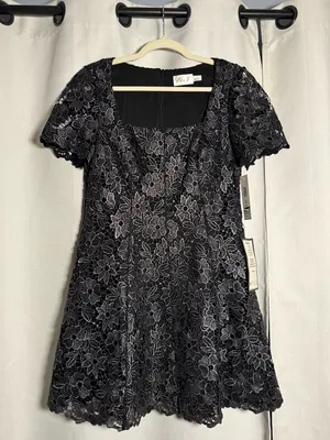Eliza J Petite Black and Silver Square Neck Lace Fit and Flare Dress Size 10 P thumbnail 6